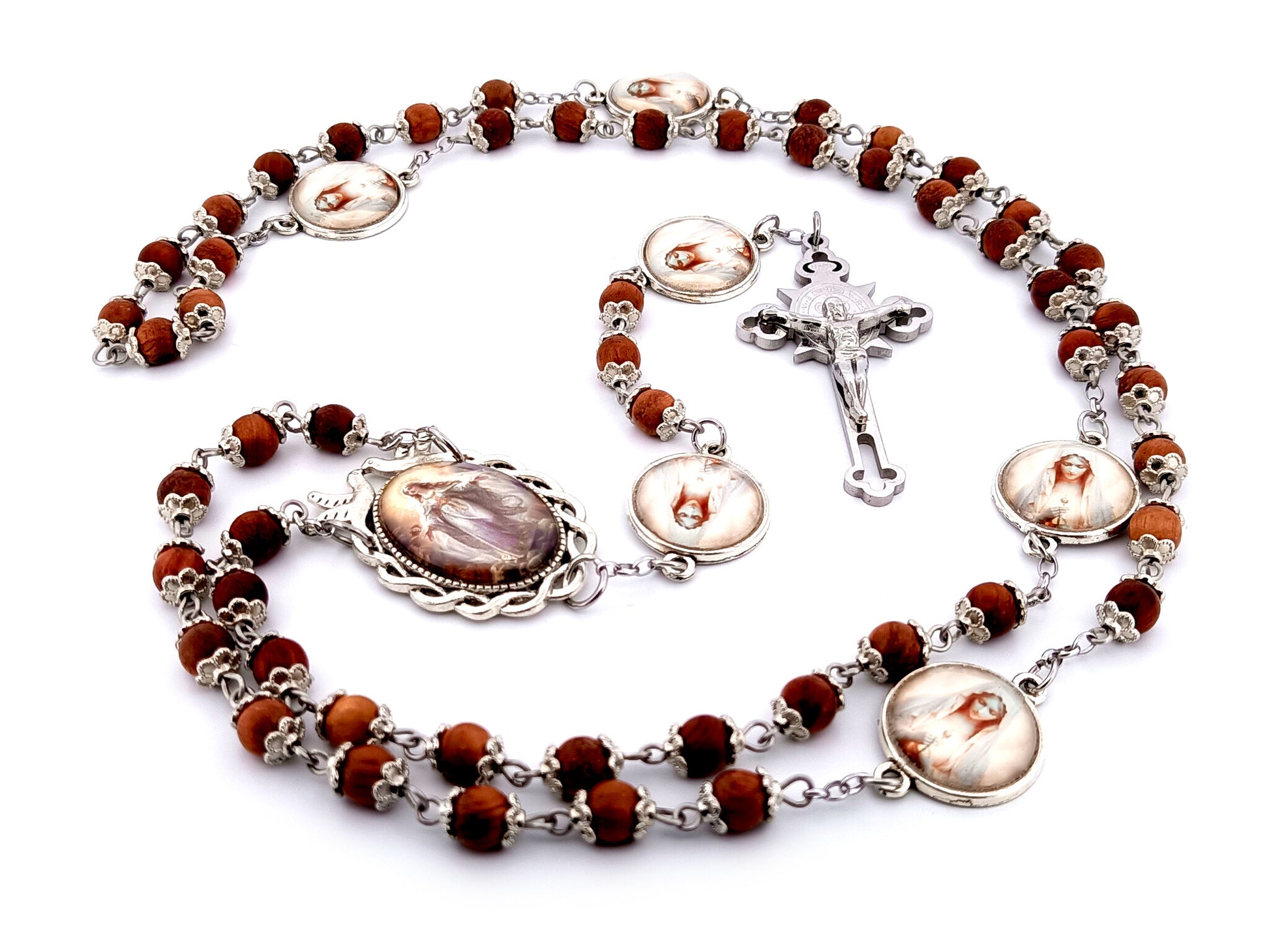 Assumption of Mary unique rosary beads dark olive wood rosary beads with stainless steel Saint Benedict crucifix.