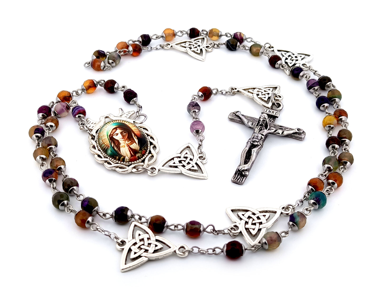Virgin Mary unique rosary beads multi coloured agate gemstone rosary beads with Holy Trinity Our Father medals and stainless steel crucifix.