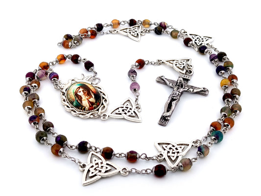 Virgin Mary unique rosary beads multi coloured agate gemstone rosary beads with Holy Trinity Our Father medals and stainless steel crucifix.