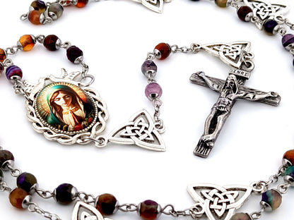 Virgin Mary unique rosary beads multi coloured agate gemstone rosary beads with Holy Trinity Our Father medals and stainless steel crucifix.