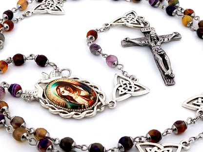 Virgin Mary unique rosary beads multi coloured agate gemstone rosary beads with Holy Trinity Our Father medals and stainless steel crucifix.