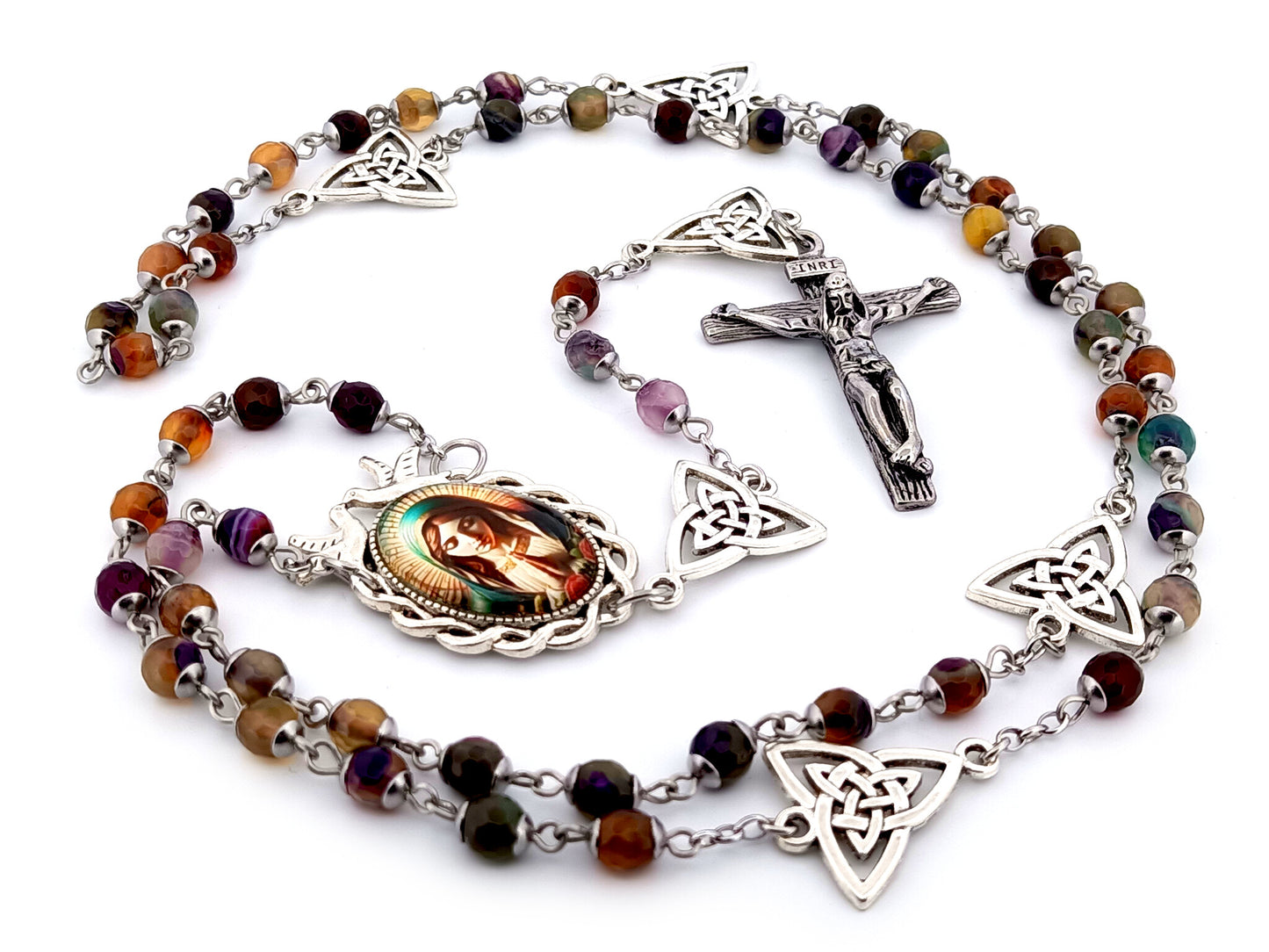 Virgin Mary unique rosary beads multi coloured agate gemstone rosary beads with Holy Trinity Our Father medals and stainless steel crucifix.