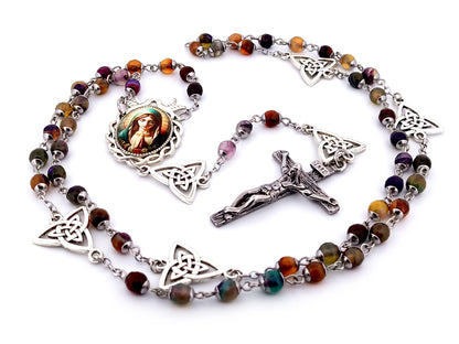 Virgin Mary unique rosary beads multi coloured agate gemstone rosary beads with Holy Trinity Our Father medals and stainless steel crucifix.