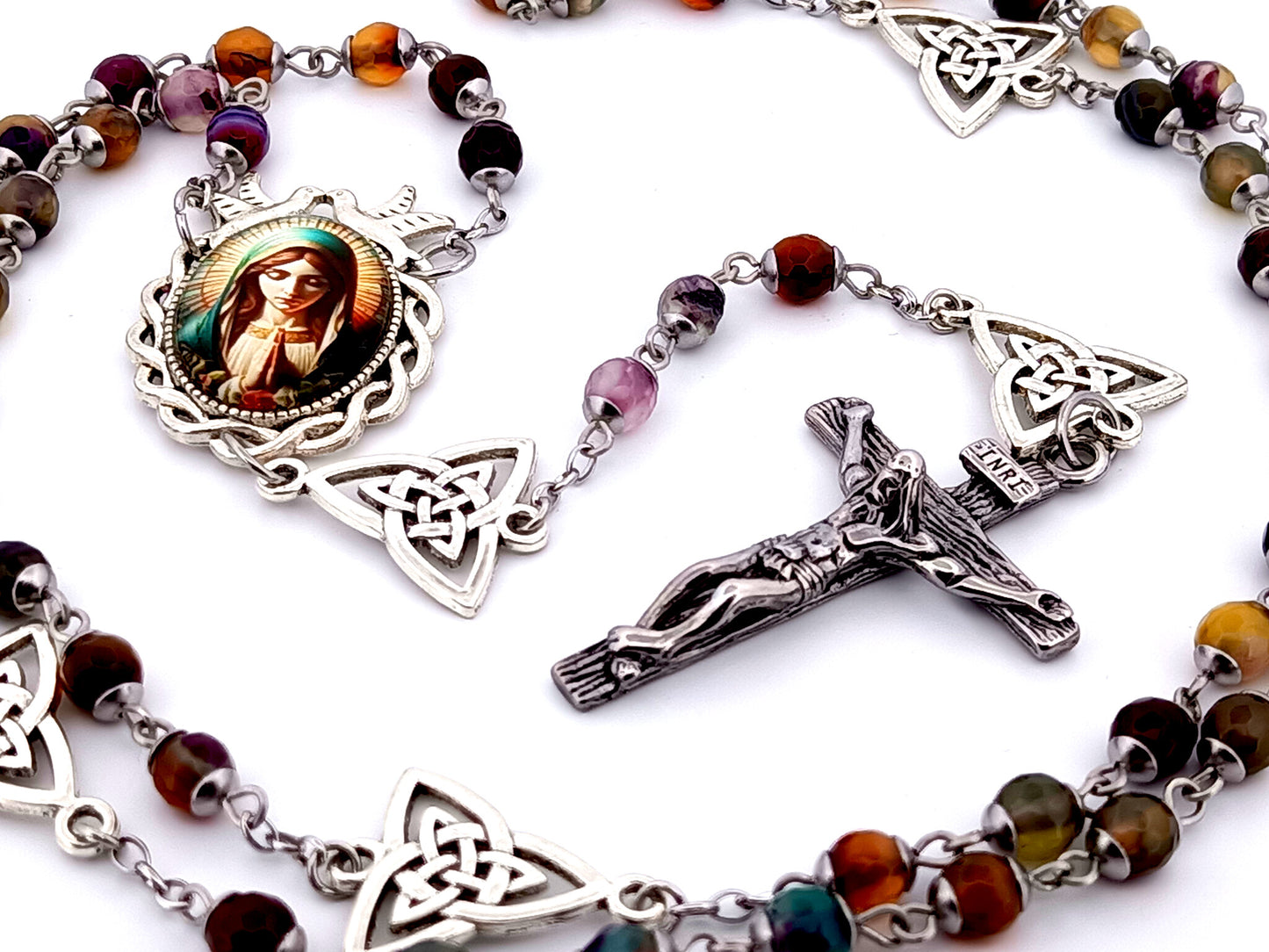 Virgin Mary unique rosary beads multi coloured agate gemstone rosary beads with Holy Trinity Our Father medals and stainless steel crucifix.