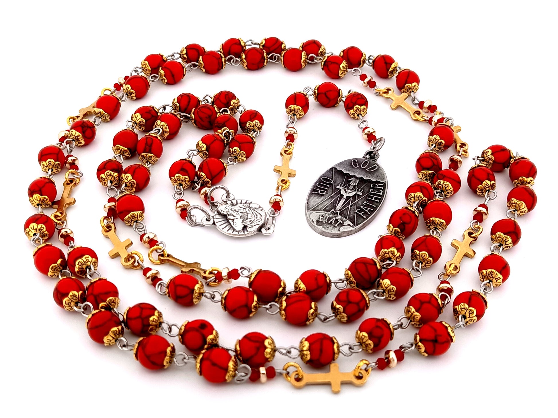 Large God The Father unique rosary beads gemstone prayer chaplet with Holy Octave of Consecration medal and gold crosses.