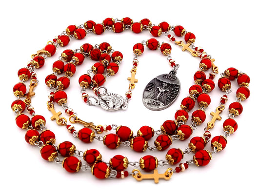 Large God The Father unique rosary beads gemstone prayer chaplet with Holy Octave of Consecration medal and gold crosses.