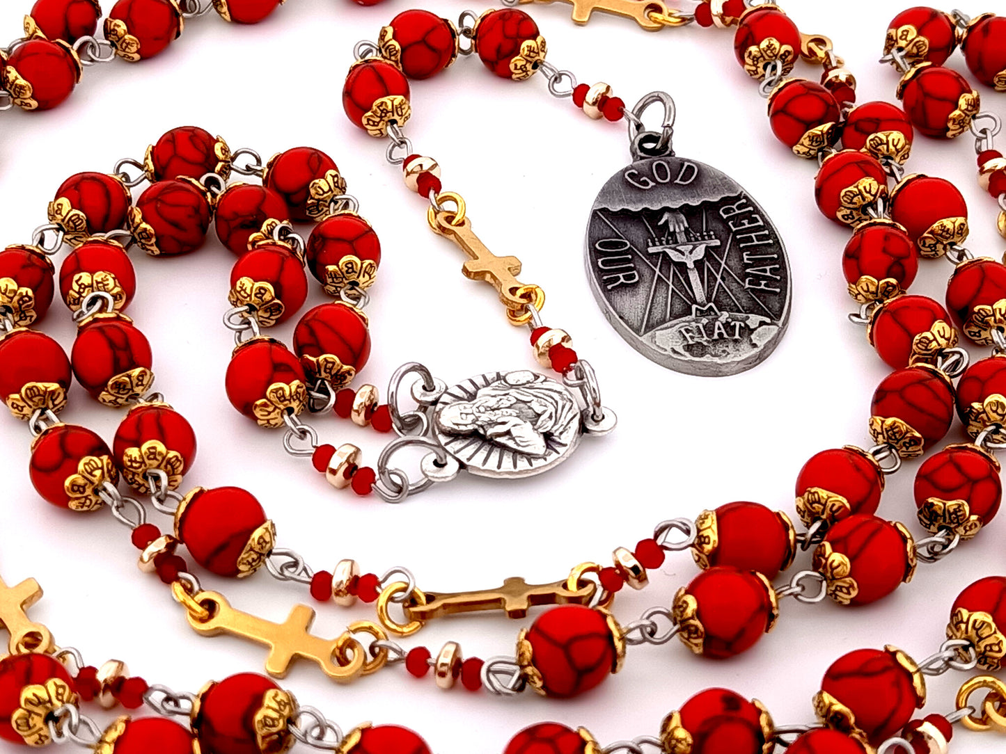 Large God The Father unique rosary beads gemstone prayer chaplet with Holy Octave of Consecration medal and gold crosses.