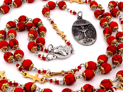 Large God The Father unique rosary beads gemstone prayer chaplet with Holy Octave of Consecration medal and gold crosses.