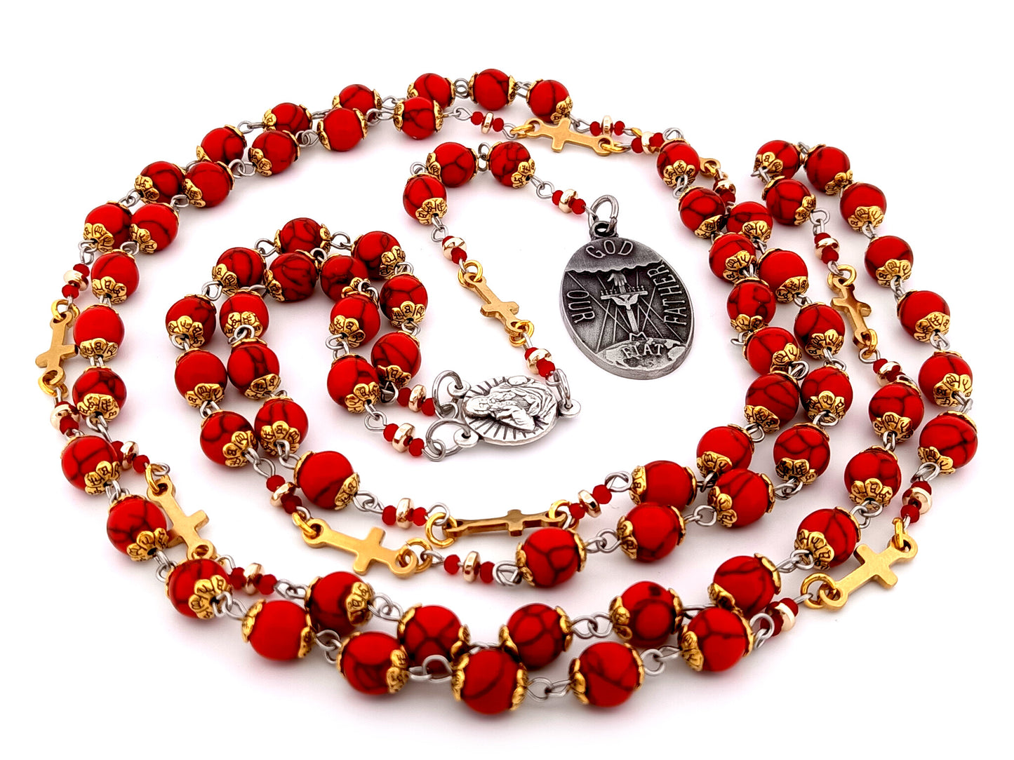 Large God The Father unique rosary beads gemstone prayer chaplet with Holy Octave of Consecration medal and gold crosses.