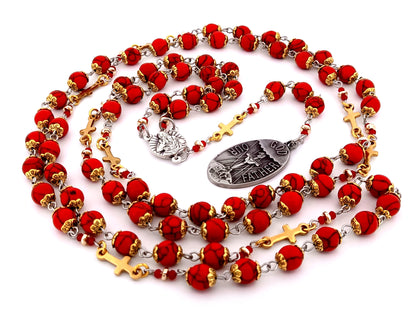 Large God The Father unique rosary beads gemstone prayer chaplet with Holy Octave of Consecration medal and gold crosses.