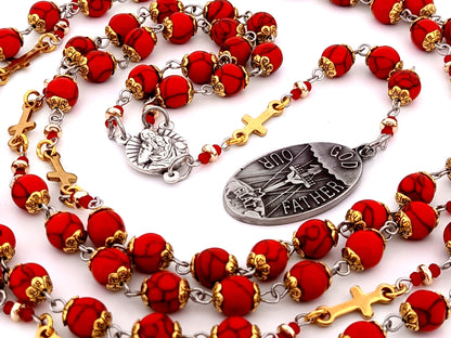 Large God The Father unique rosary beads gemstone prayer chaplet with Holy Octave of Consecration medal and gold crosses.