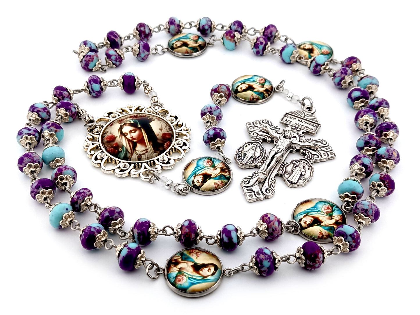 Our Lady Queen of Heaven unique rosary beads purple jasper gemstone rosary beads with double medal Pardon crucifix.