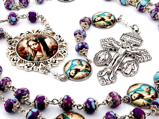 Our Lady Queen of Heaven unique rosary beads purple jasper gemstone rosary beads with double medal Pardon crucifix.