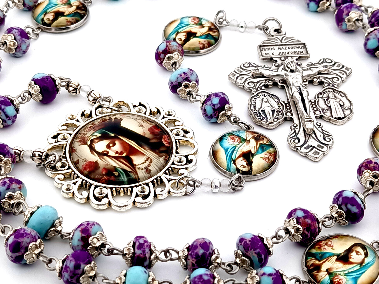 Our Lady Queen of Heaven unique rosary beads purple jasper gemstone rosary beads with double medal Pardon crucifix.