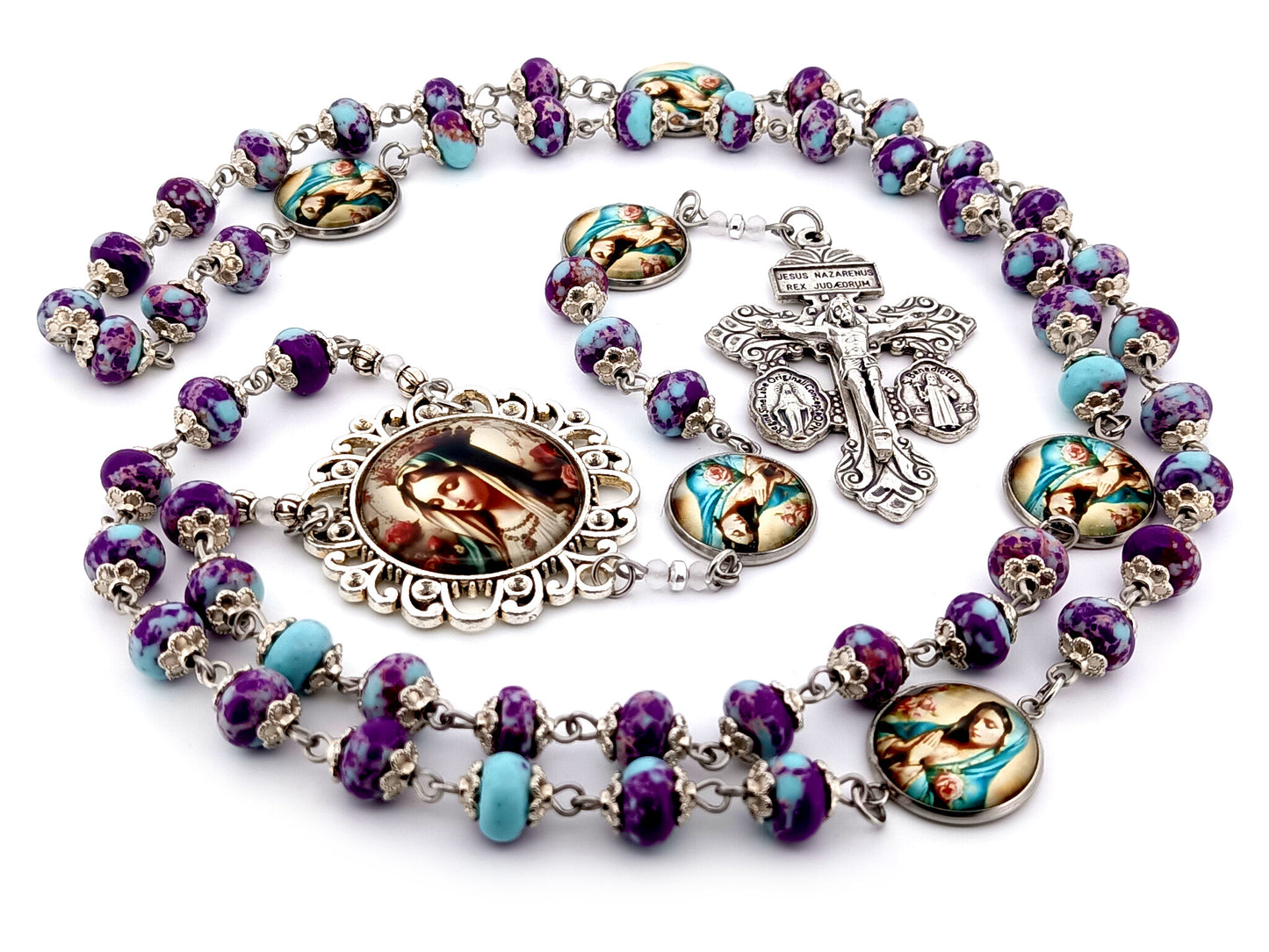 Our Lady Queen of Heaven unique rosary beads purple jasper gemstone rosary beads with double medal Pardon crucifix.