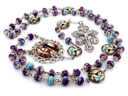 Our Lady Queen of Heaven unique rosary beads purple jasper gemstone rosary beads with double medal Pardon crucifix.