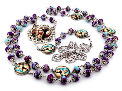 Our Lady Queen of Heaven unique rosary beads purple jasper gemstone rosary beads with double medal Pardon crucifix.