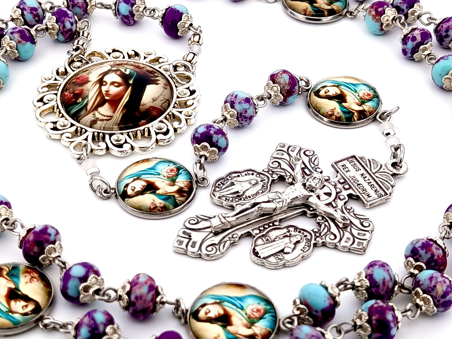 Our Lady Queen of Heaven unique rosary beads purple jasper gemstone rosary beads with double medal Pardon crucifix.