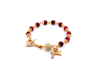 Holy Spirit unique rosary beads pink tigers eye gemstone single decade rosary bracelet with 18K gold plated crystal Our father bead.