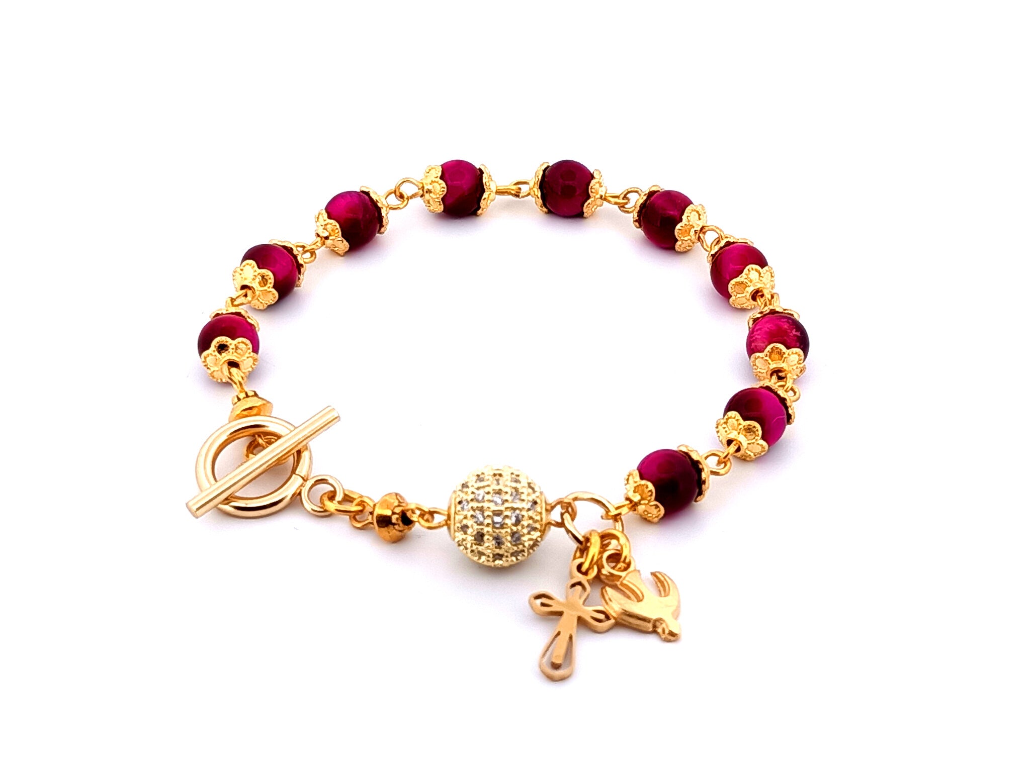 Holy Spirit unique rosary beads pink tigers eye gemstone single decade rosary bracelet with 18K gold plated crystal Our father bead.