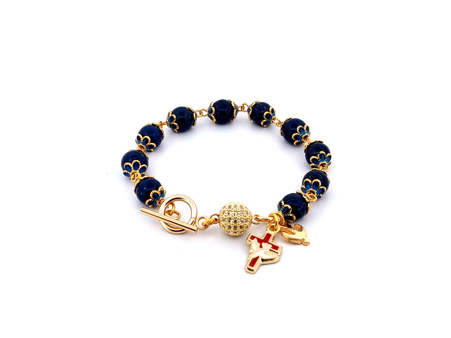 Holy Spirit unique rosary beads lapis lazuli gemstone single decade rosary bracelet with 18K gold plated crystal Our father bead.