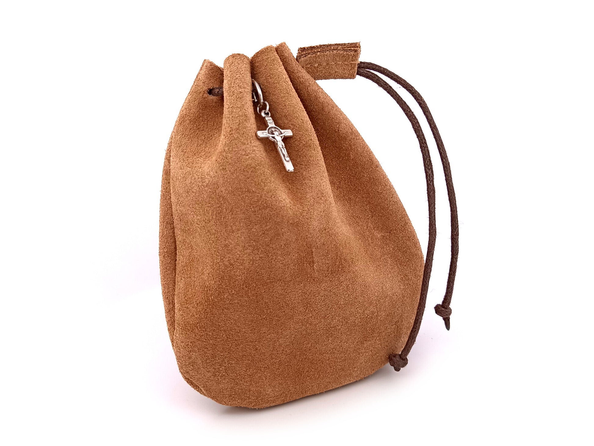 Real suede leather rosary pouch with draw string closure and small crucifix.