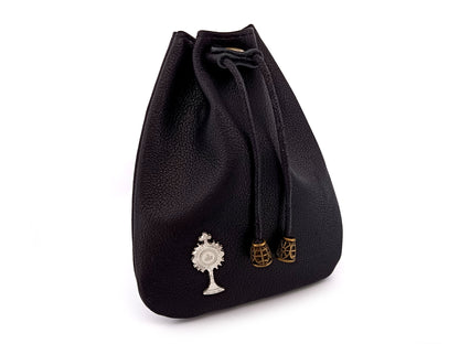 Real leather black rosary pouch with draw string, internal lobster clasp and small Eucharistic crucifix.