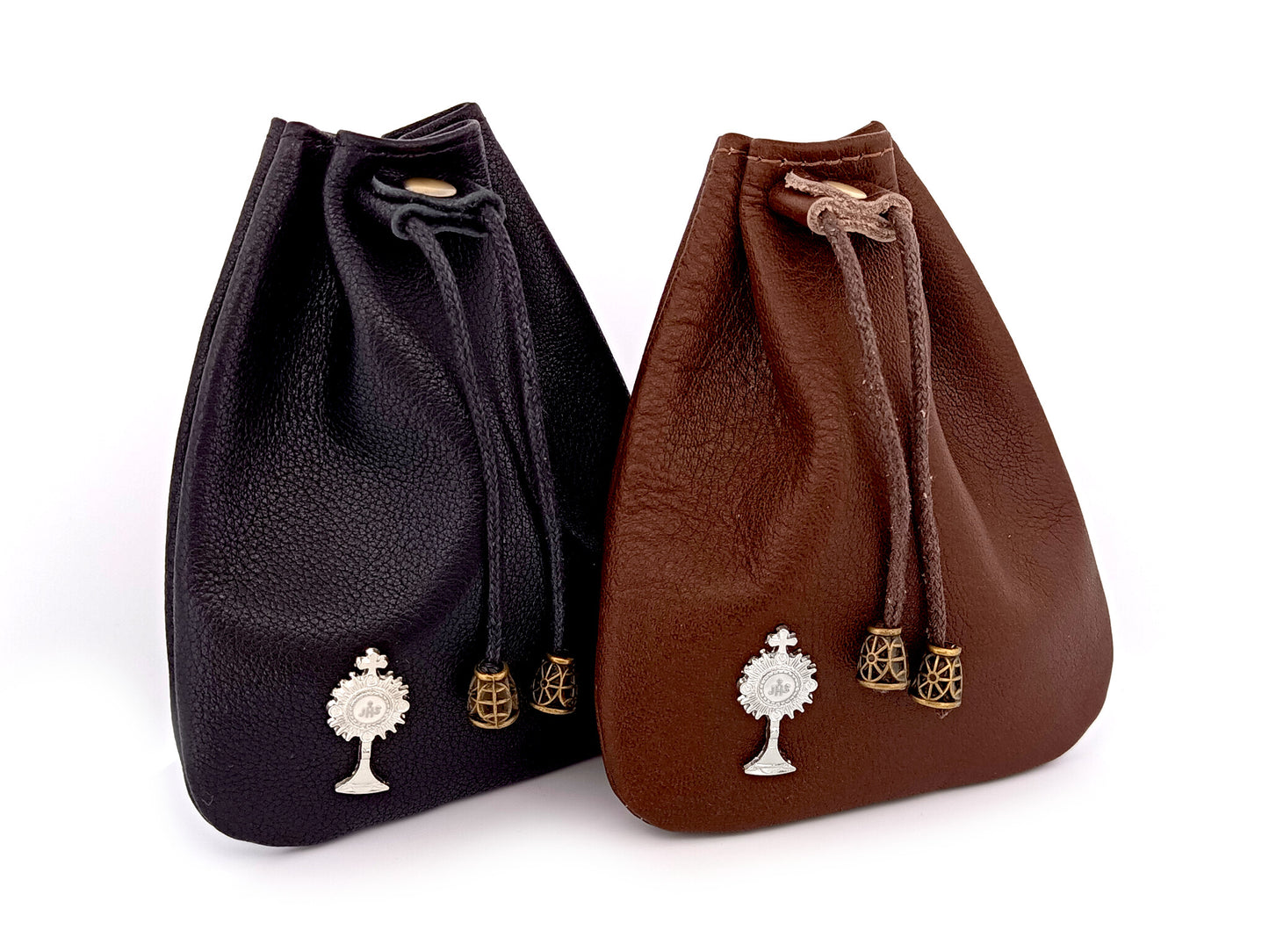 Real leather black and brown rosary pouches with draw string, internal lobster clasp and small Eucharistic crucifix.