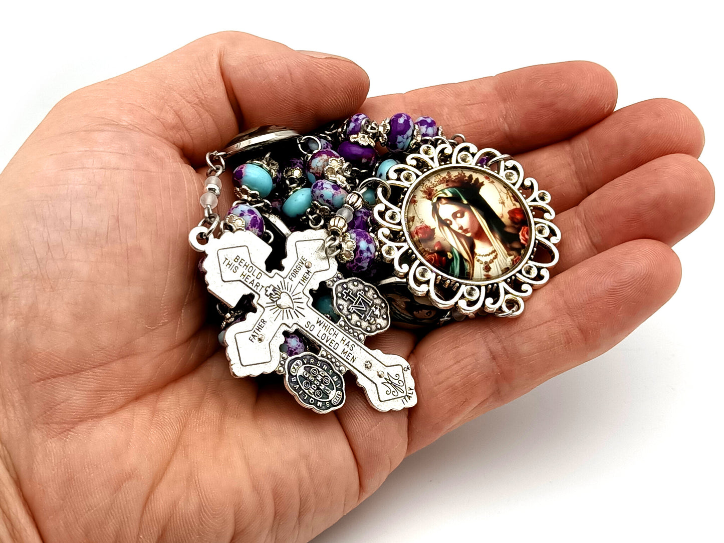 Our Lady Queen of Heaven unique rosary beads purple jasper gemstone rosary beads with double medal Pardon crucifix.