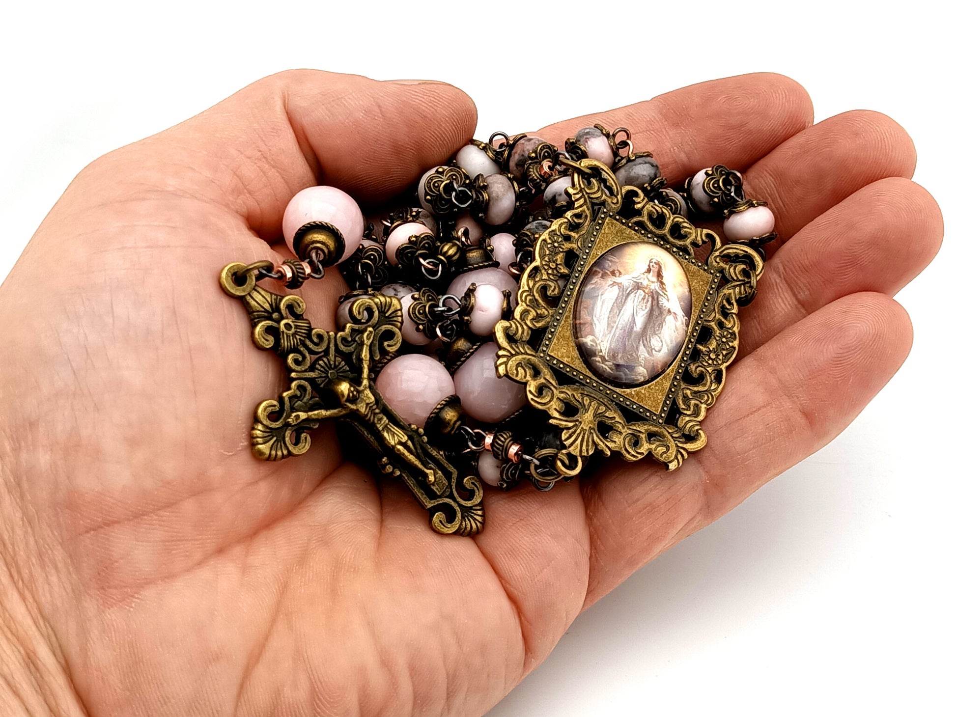 Assumption of Mary unique rosary beads pink jasper and quartz gemstone rosary beads with bronze filigree crucifix.