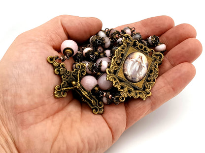 Assumption of Mary unique rosary beads pink jasper and quartz gemstone rosary beads with bronze filigree crucifix.