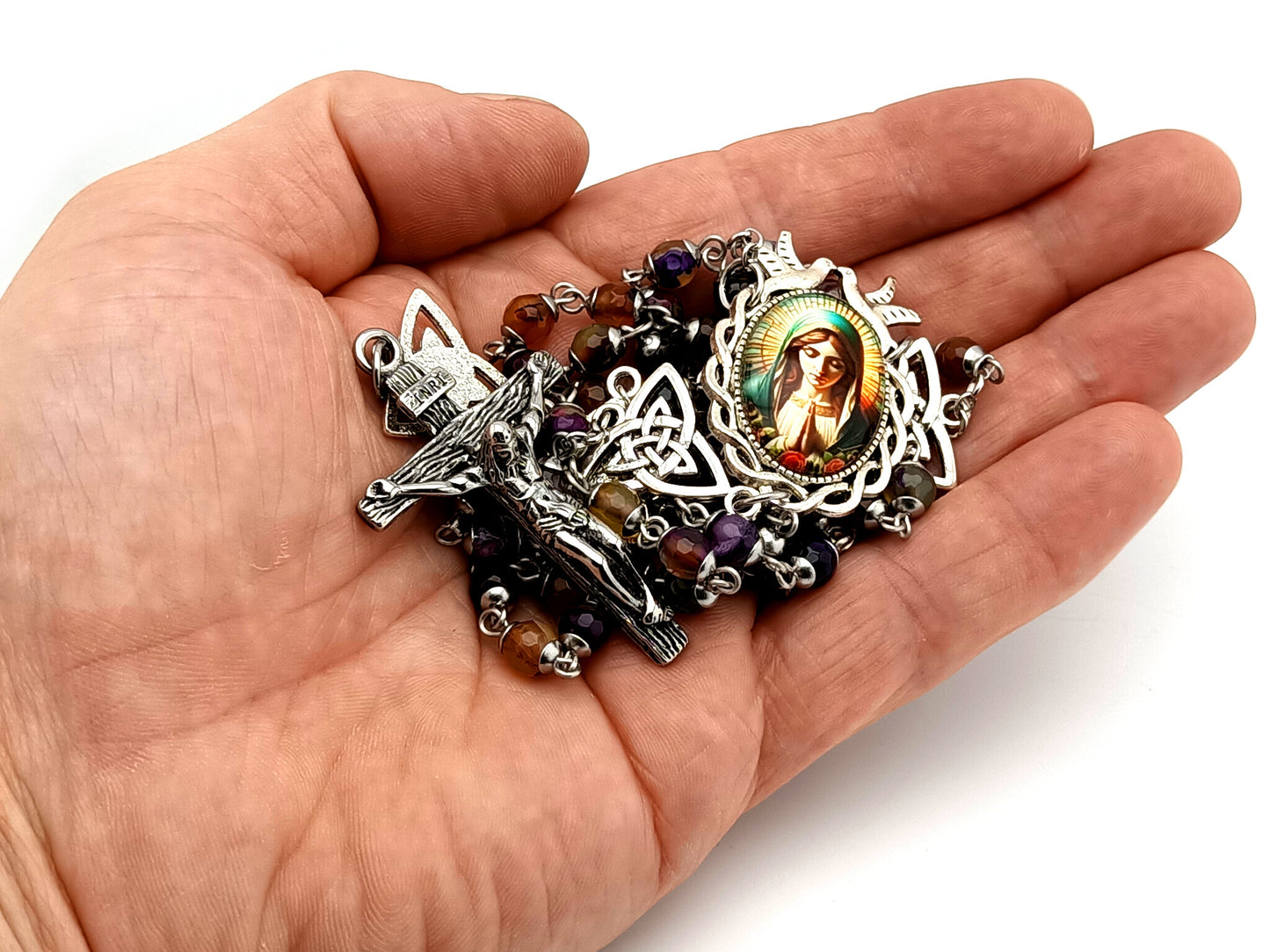 Virgin Mary unique rosary beads multi coloured agate gemstone rosary beads with Holy Trinity Our Father medals and stainless steel crucifix.