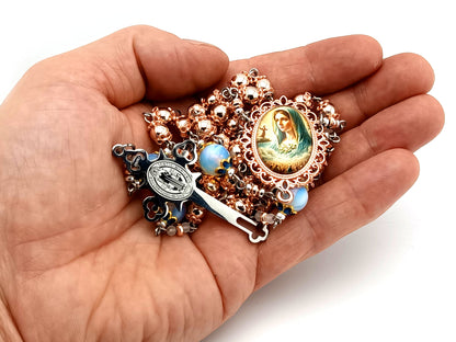 Virgin Mary unique rosary beads rose gold hematite gemstone rosary beads with opal gemstone beads and Saint Benedict crucifix.