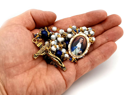 Mother Mariana de Jesus Torres Lapis Lazuli unique rosary beads gemstone rosary with gold plated stainless steel crucifix.