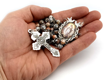 Assumption of Mary jasper gemstone rosary beads with silver filigree beads and Pardon crucifix.