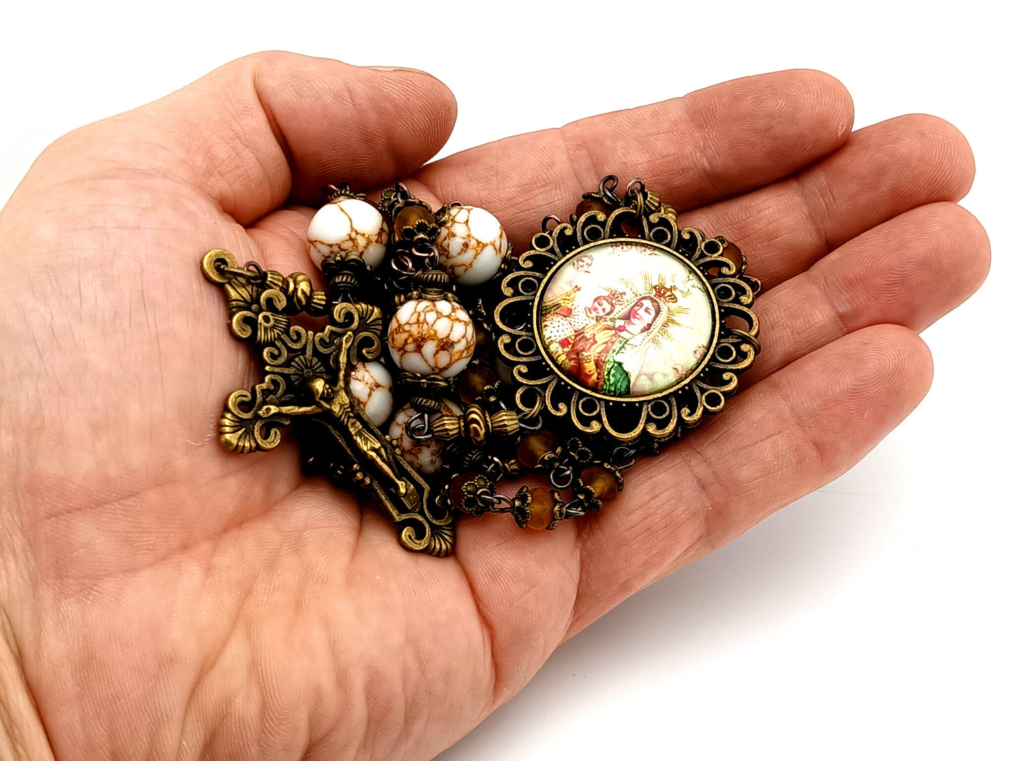 Our Lady of Mount Carmel unique rosary beads  amber glass and howlite gemstone rosary beads with bronze filigree crucifix.