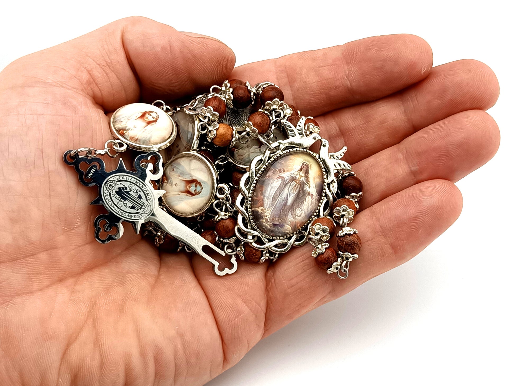 Assumption of Mary unique rosary beads dark olive wood rosary beads with stainless steel Saint Benedict crucifix.