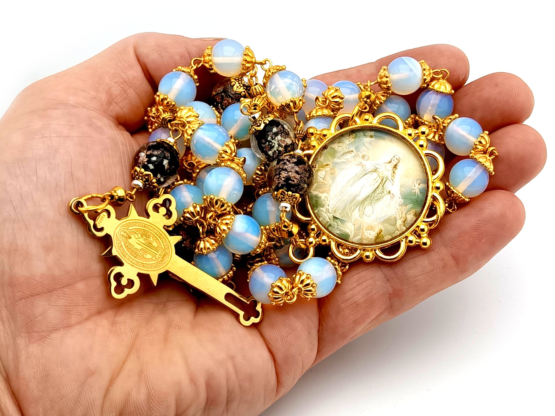 Assumption of Mary unique rosary beads large opal gemstone rosary beads with gold plated Saint Benedict stainless steel crucifix.