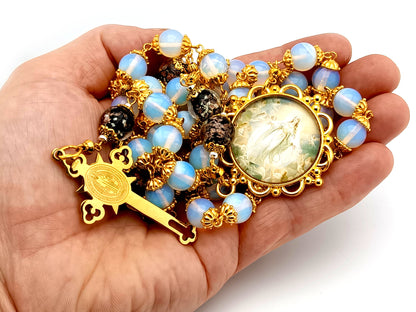 Assumption of Mary unique rosary beads large opal gemstone rosary beads with gold plated Saint Benedict stainless steel crucifix.
