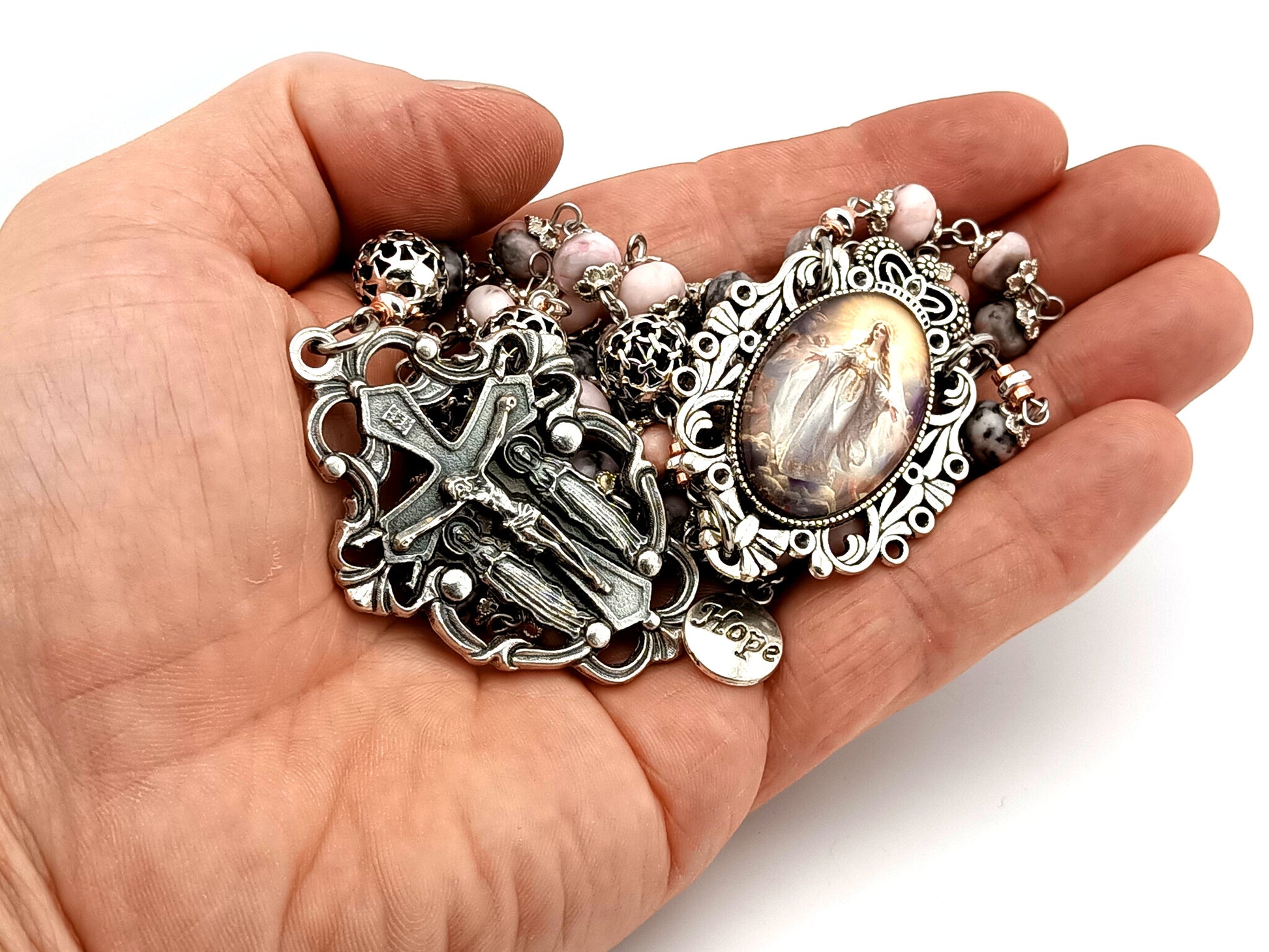 Assumption of Mary unique rosary beads jasper gemstone rosary beads with silver filigree beads and two angels crucifix.