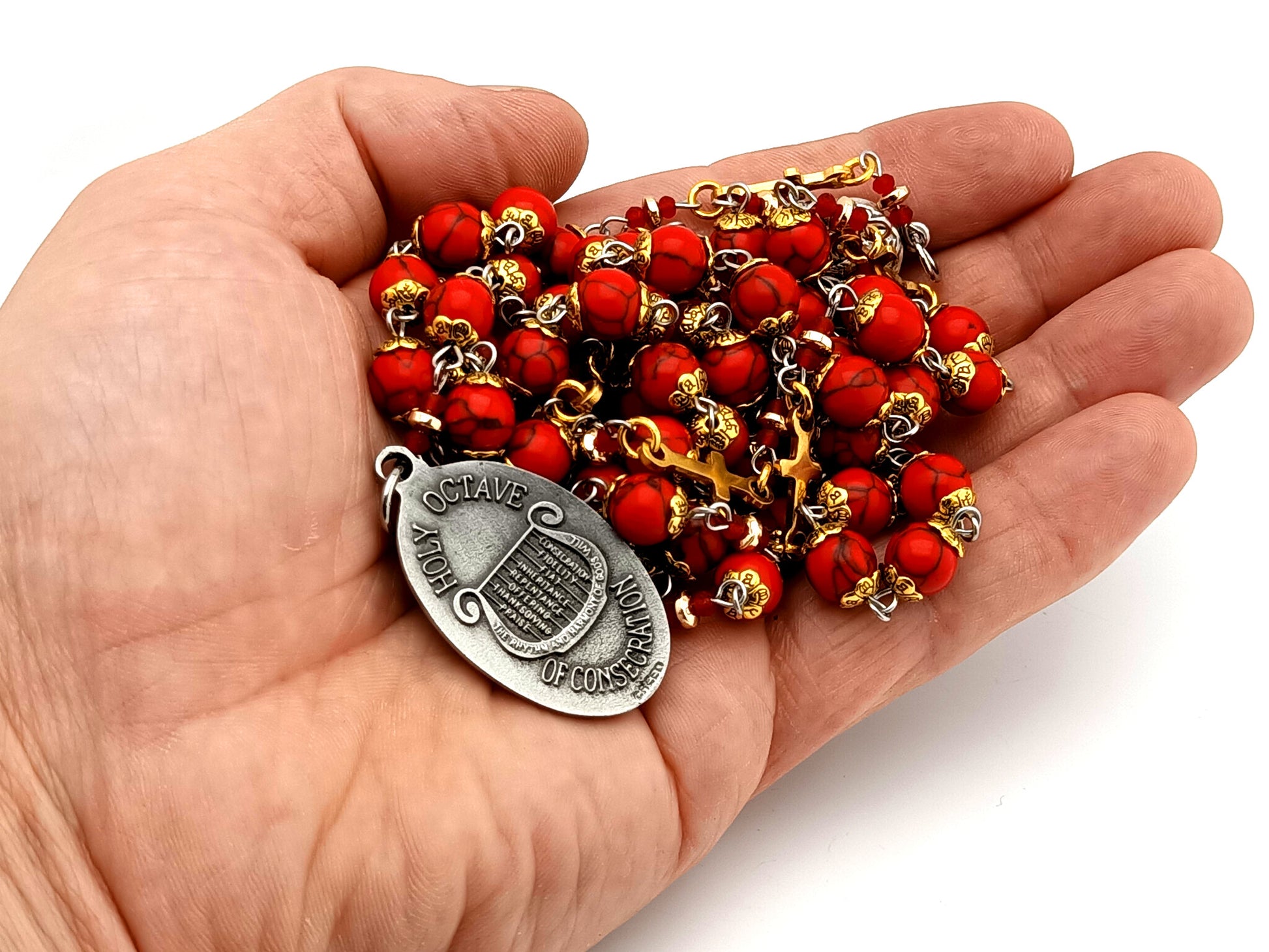 Large God The Father unique rosary beads gemstone prayer chaplet with Holy Octave of Consecration medal and gold crosses.
