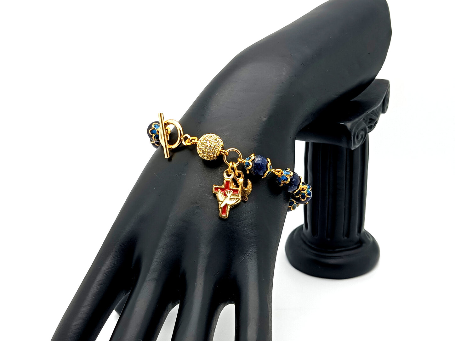 Holy Spirit unique rosary beads lapis lazuli gemstone single decade rosary bracelet with 18K gold plated crystal Our father bead.