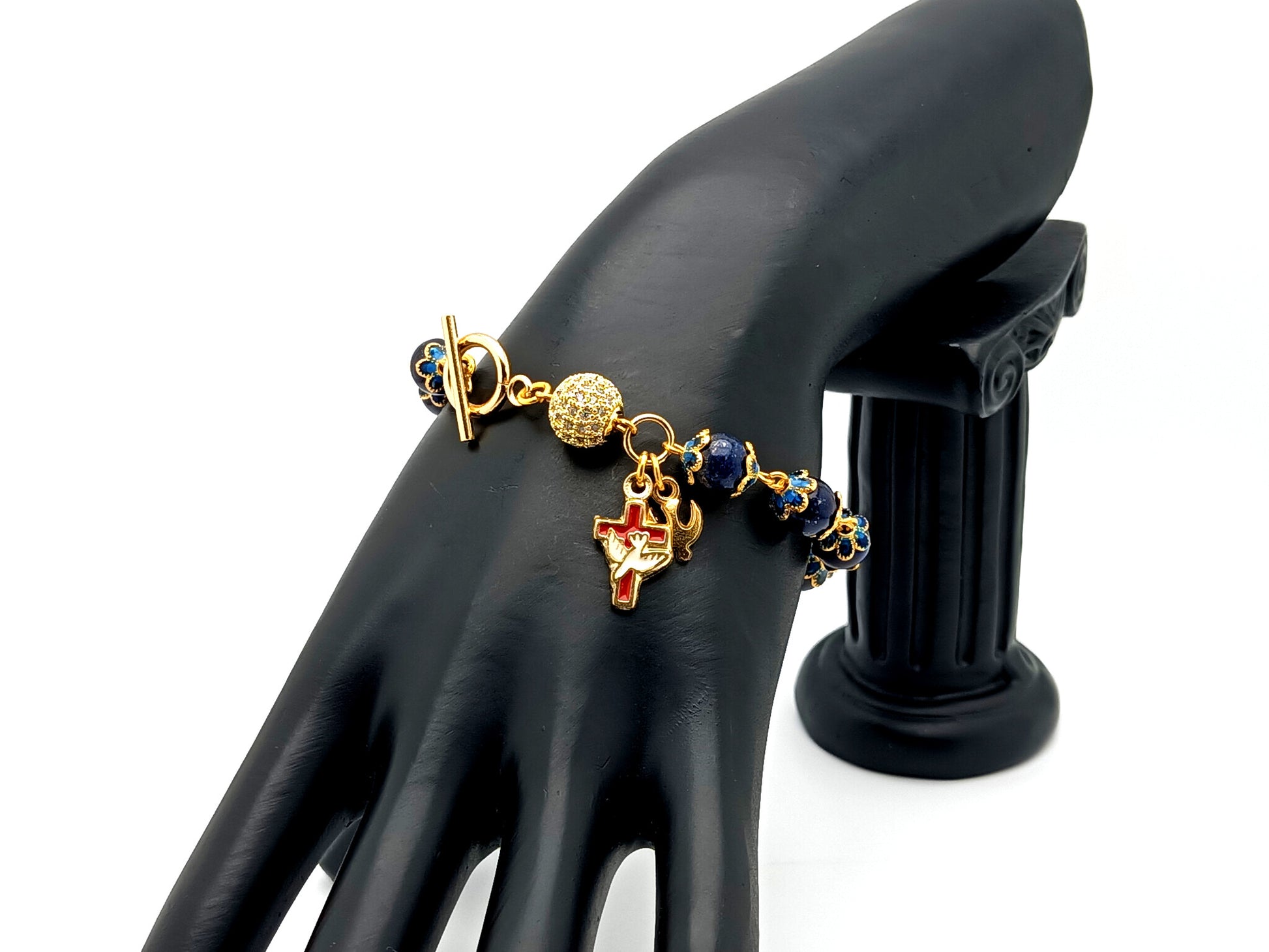 Holy Spirit unique rosary beads lapis lazuli gemstone single decade rosary bracelet with 18K gold plated crystal Our father bead.