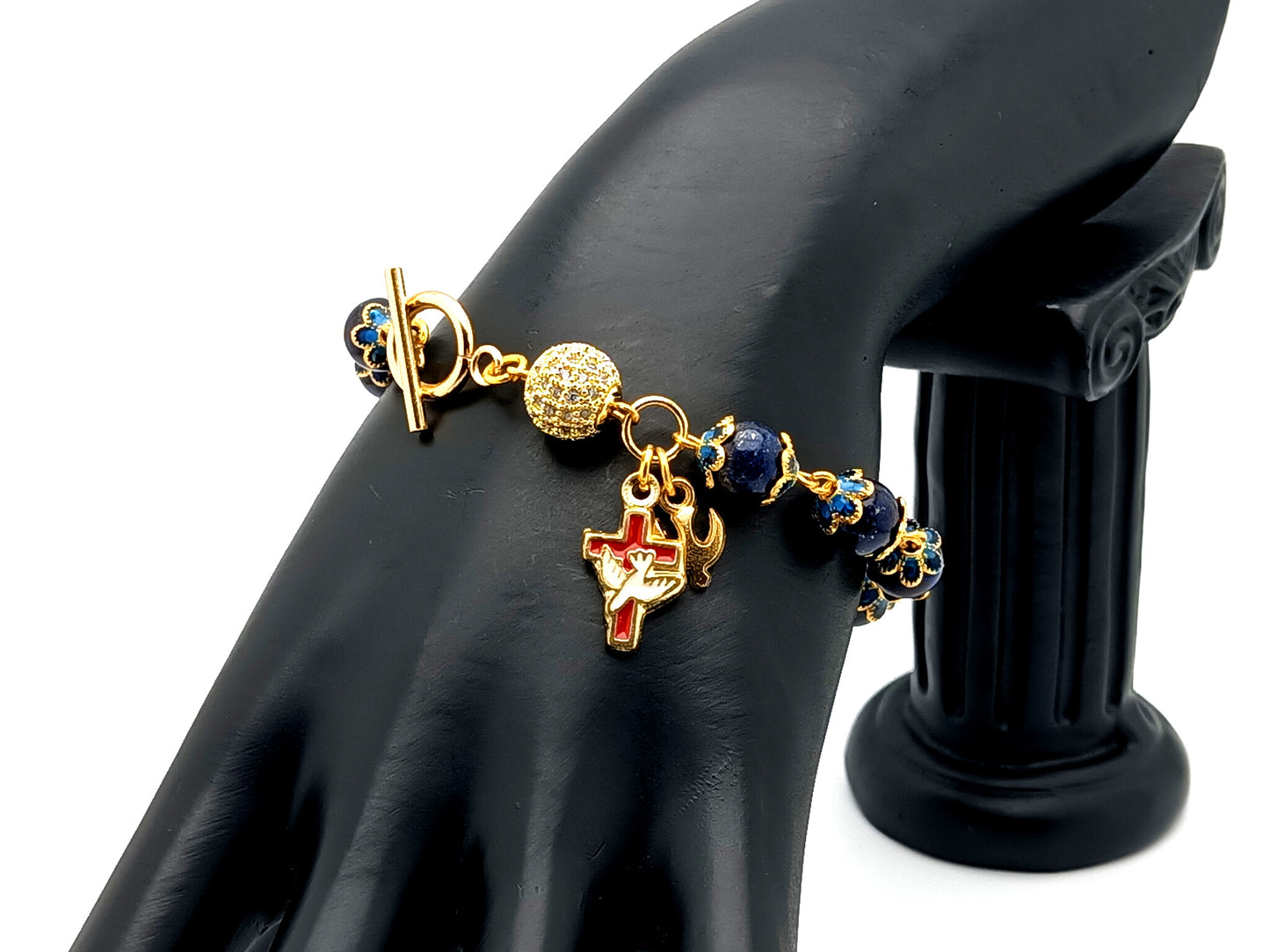 Holy Spirit unique rosary beads lapis lazuli gemstone single decade rosary bracelet with 18K gold plated crystal Our father bead.