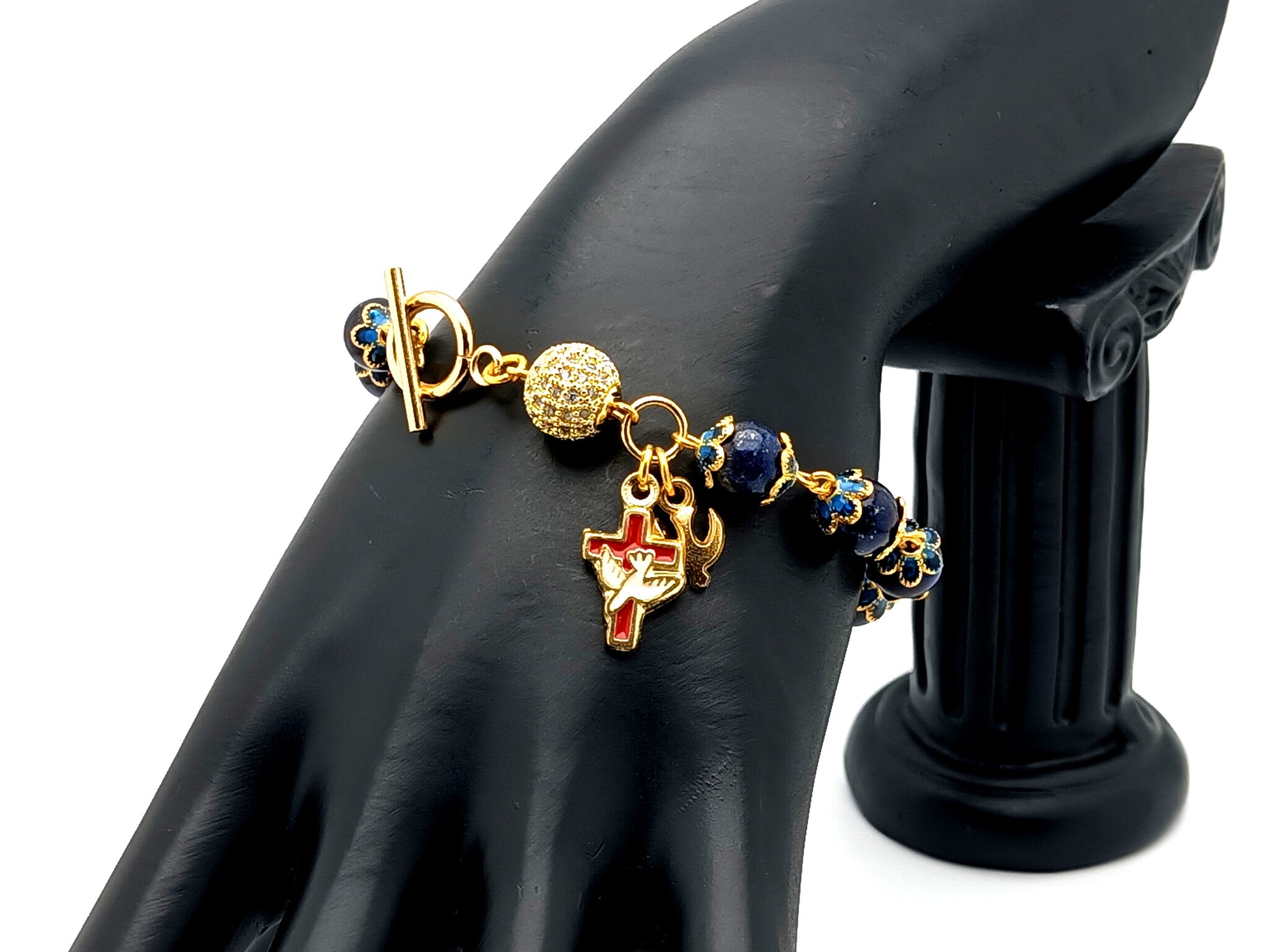 Holy Spirit unique rosary beads lapis lazuli gemstone single decade rosary bracelet with 18K gold plated crystal Our father bead.