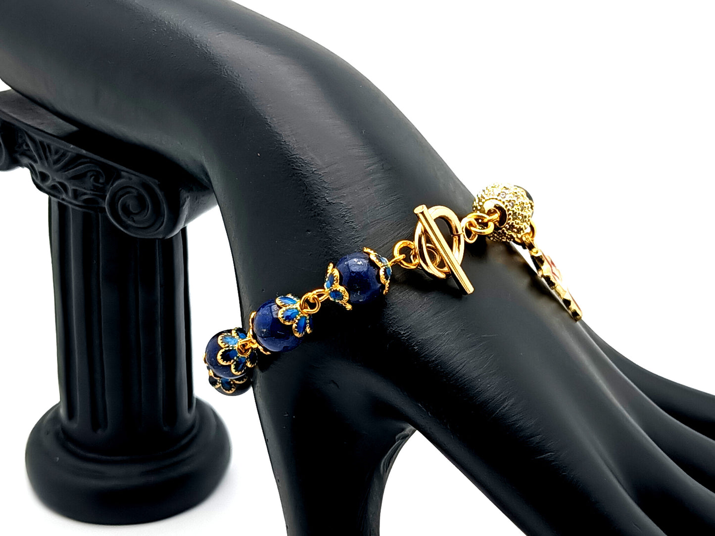 Holy Spirit unique rosary beads lapis lazuli gemstone single decade rosary bracelet with 18K gold plated crystal Our father bead.