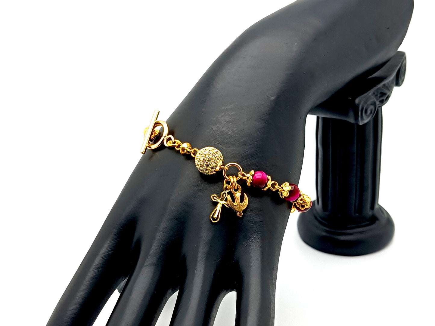 Holy Spirit unique rosary beads pink tigers eye gemstone single decade rosary bracelet with 18K gold plated crystal Our father bead.