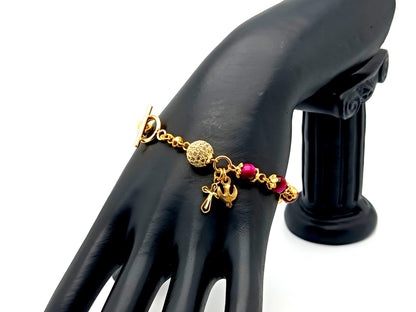 Holy Spirit unique rosary beads pink tigers eye gemstone single decade rosary bracelet with 18K gold plated crystal Our father bead.