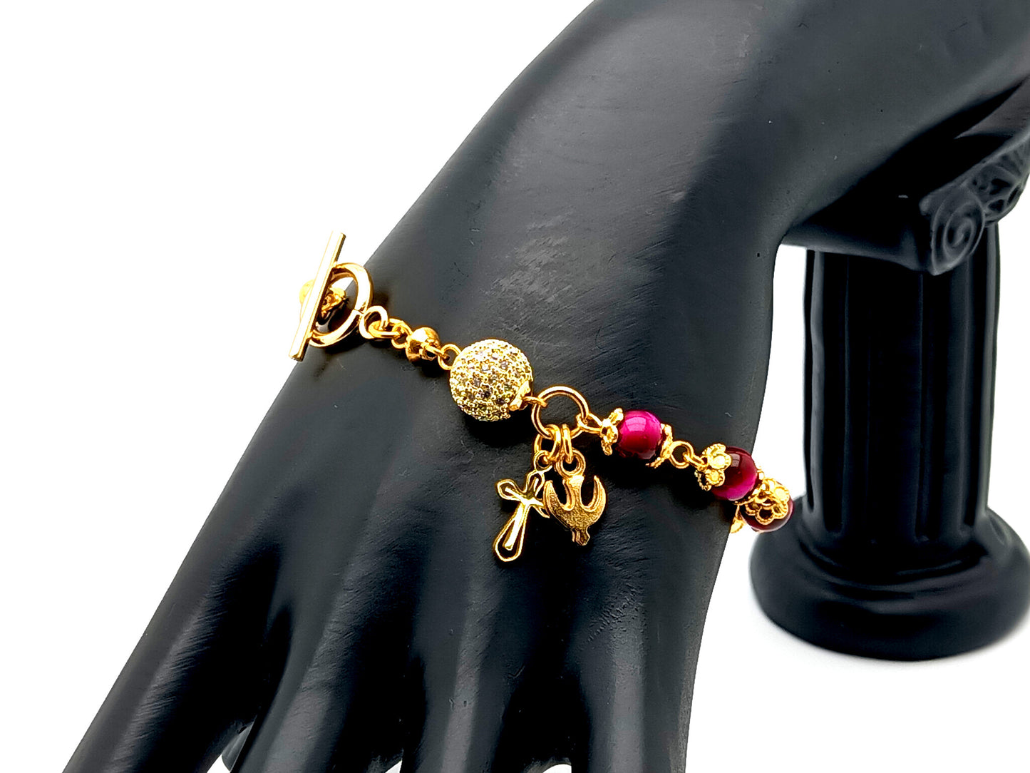 Holy Spirit unique rosary beads pink tigers eye gemstone single decade rosary bracelet with 18K gold plated crystal Our father bead.