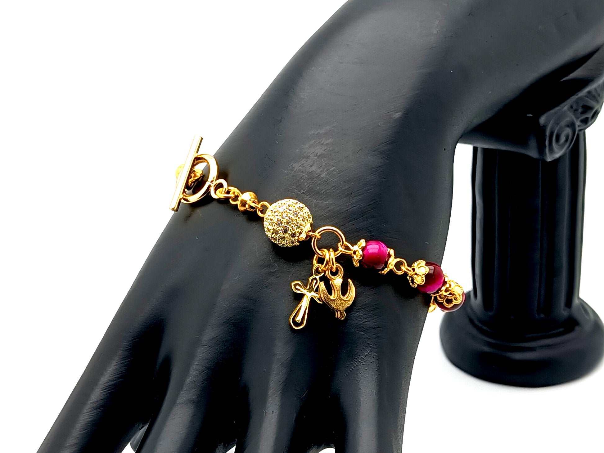 Holy Spirit unique rosary beads pink tigers eye gemstone single decade rosary bracelet with 18K gold plated crystal Our father bead.